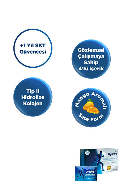 Dynavit Collagen Quatro 30 Saşe - Hidrolize Peptit Tip 2 Tavuk Kolajeni,MSM,Glukozamin ve Kondroitin Sülfat