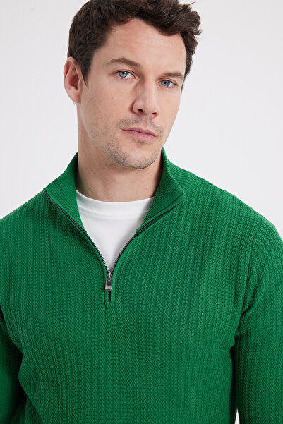 Tudors Men's Slim Fit Slim Fit Stand Collar Zip Green Knitwear Sweater
