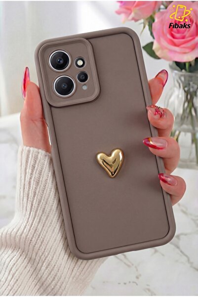 Fibaks Redmi Note 12 Kılıf 3D Kalp Tasarımlı Kahverengi Desenli Yumuşak Kamer...