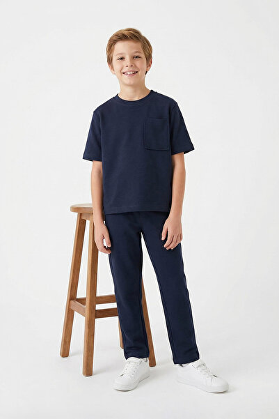 TRENDYOLKIDS Navy Blue Boy's Plain Knitted Bottom - Top Set Tkdss26Au00005
