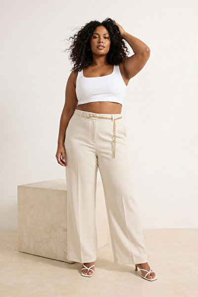Trendyol Curve Pantaloni țesuți de mărime mare, ecru, cu talie înaltă și deta...