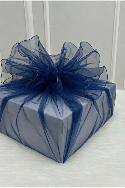 ZEYMERADE Tul decorativ Bohça, albastru închis, margine overlock argintie, or...