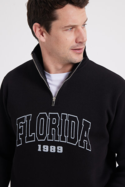 Tudors Erkek Relax Fit Rahat Kesim Pamuklu Yarım Fermuarlı Baskılı Siyah Swea...