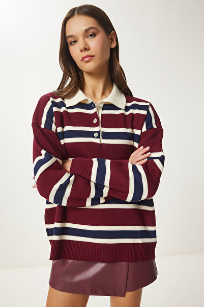 Happiness İstanbul Polo Yaka Çizgili Triko Kazak