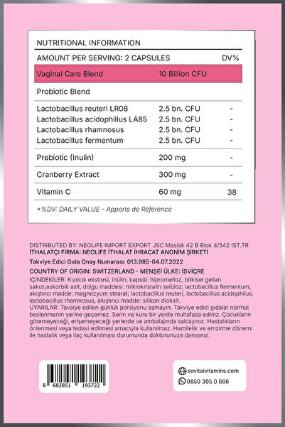 SOVITAL Happy Vajin Cranberry, Vitamin C ve Probiyotik İçeren 60 Kapsül