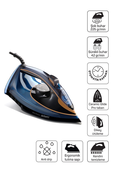 Arzum Steamlux Buharlı Ütü Seramik Taban 3000W Mavi - AR6043