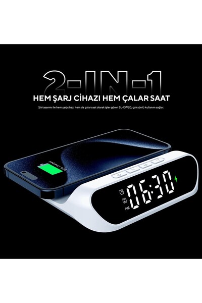 S-LINK SL-CW18 Çift Alarmlı LCD Ekranlı Kablosuz Telefon Şarj Cihazı 15W Beyaz