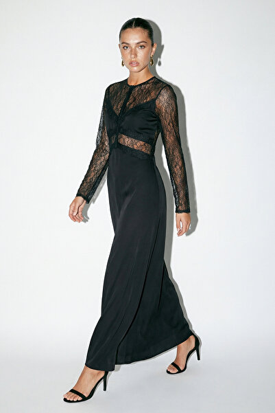 Drop by TrendyolMilla Crna satenska duga haljina sa detaljima Čipka TDRSS26EL...