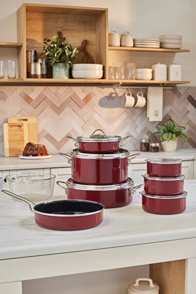Karaca Erva Enameled 14-Piece Pot Dowry Set - Induction Base, Claret Red