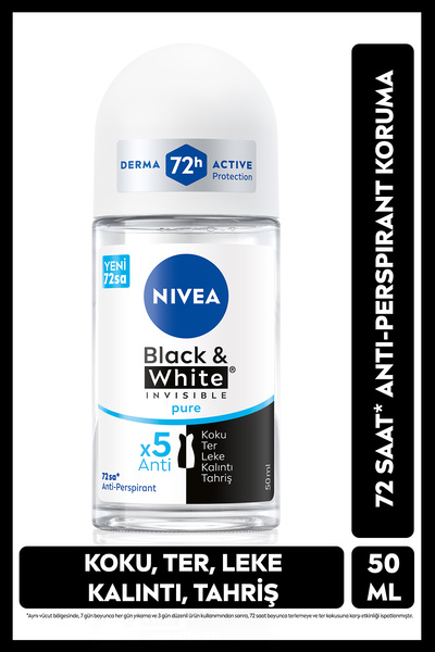 NIVEA Kadın Roll-on Deodorant Black&White Pure 50ml, 72 Saat Anti-perspirant ...