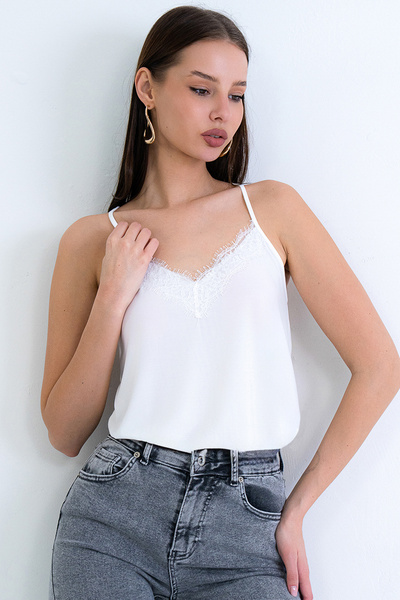 Trend Alaçatı Stili Women's White Rope Strap Woven Blouse with Lace Detail on...