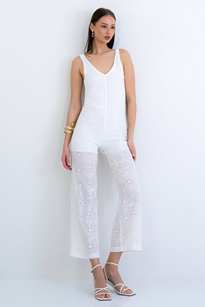 Trend Alaçatı Stili Women's White Strappy Scallop Embroidered Lined Woven Jum...