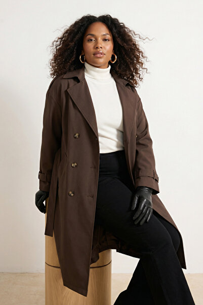 Trendyol Curve Brown Long Oversize Plus Size Trench Coat Tbbss25Bm00002
