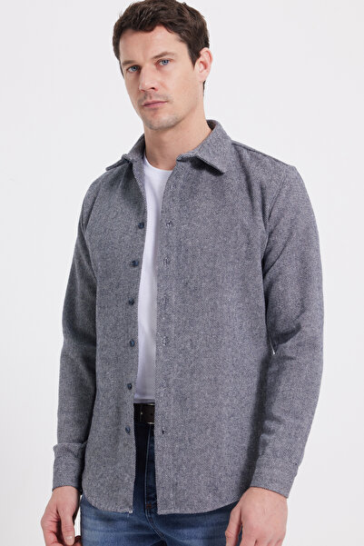 Tudors Erkek Slim Fit Dar Kesim Uzun Kollu Düz Kışlık Oduncu Gri Gömlek