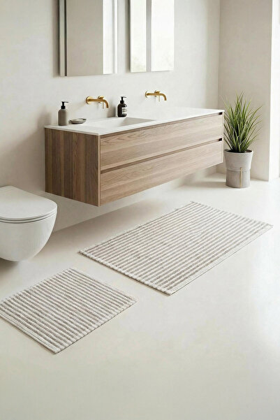 TRENDYOLMİLLA HOME Beige-Nerzfarbene 2-teilige gestreifte Badezimmermatte 50x...