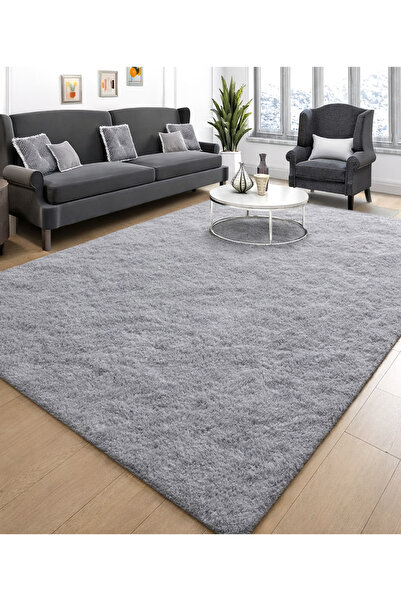 ALgorand Home Gri Peluş Halı Kaymaz Tabanlı Yumuşak Orta Hav Modern Salon Otu...