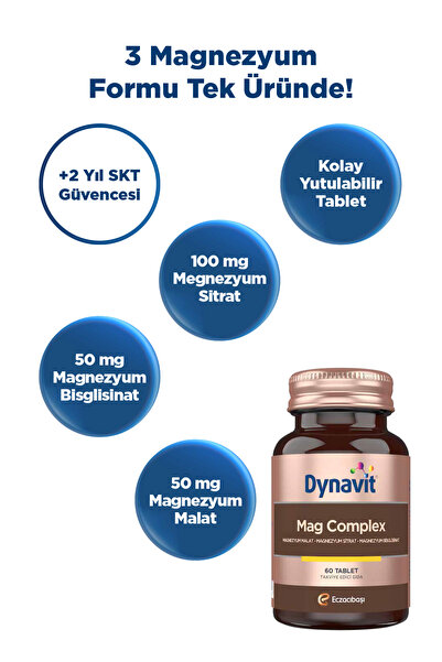 Dynavit Mag Complex 60 Tablet– 200mg Magnezyum Kompleks 3lü Form(Malat-Sitrat-Bisglisinat)-Kas&Kemik&Enerji