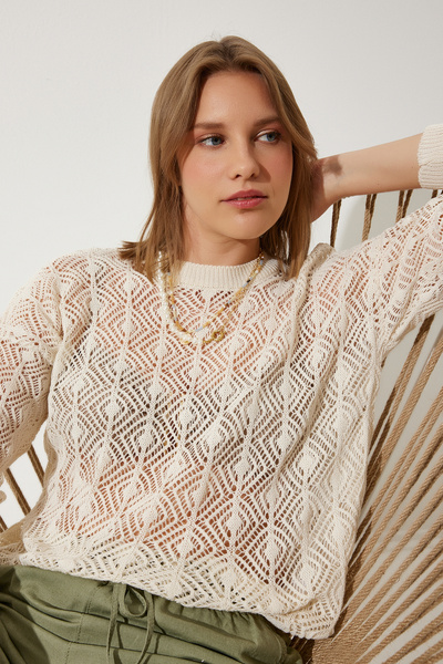 Happiness İstanbul Pulover de damă, crem, cu ochiuri, tricotaje cu dungi sezo...