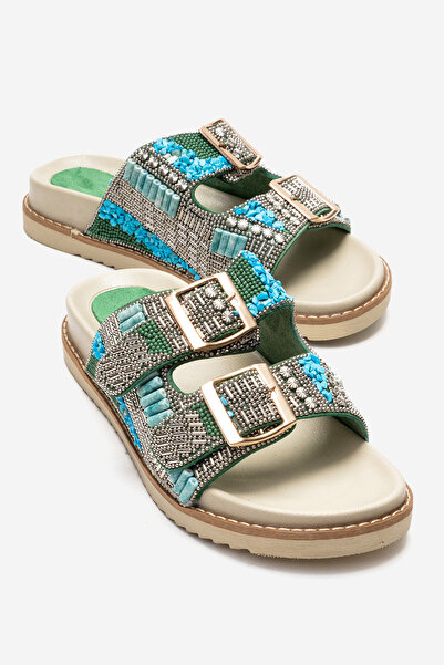 LuviShoes LANSO Green Stone Double Strap Women's Slippers