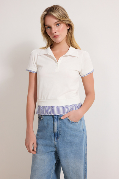 Trendyol Collection Ecru Regular/Normal Fit Polo Neck Woven Detail Tok 100% C...