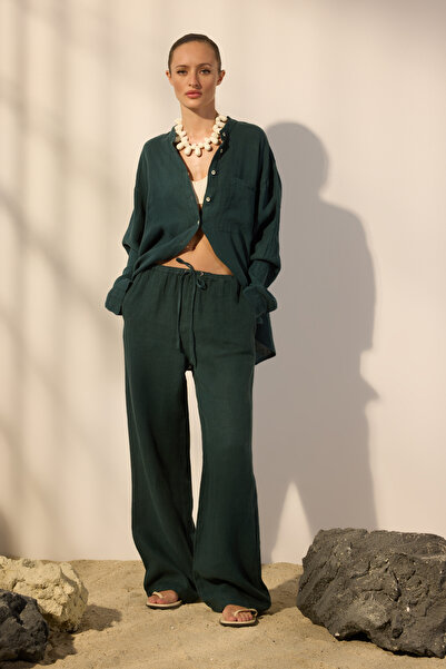 Συλλογή Trendyol Παντελόνι από 100% λινό με ελαστική μέση και φαρδιά γραμμή T...