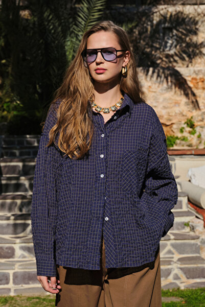 Trendyol Collection Blue Plaid Checkered Seersucker Textured Oversize Shirt T...