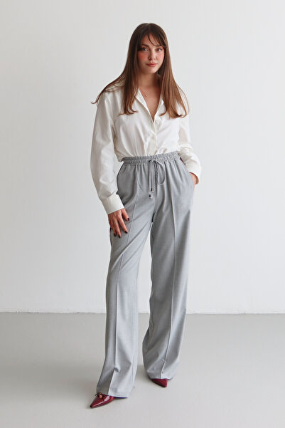 Trendyol Collection Gray Burgundy Striped Elastic Waist Wide Leg Woven Trouse...