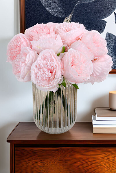 Yapay Çiçek Deposu Yapay Çiçek 5li Açmış Lüx Şakayık Gül Buketi Pudra Pembe