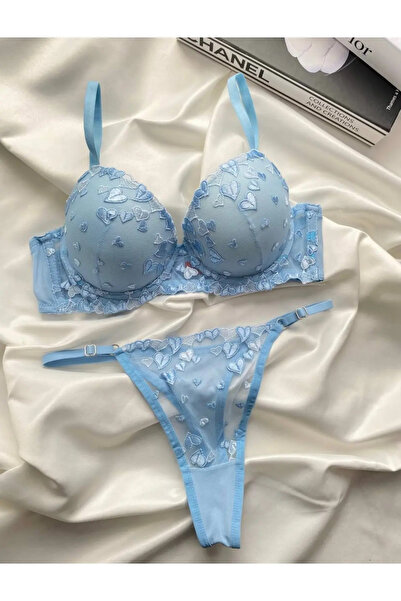 ARONA Çeyiz Mavi Kalp Desenli Dolgulu Sütyen Takım