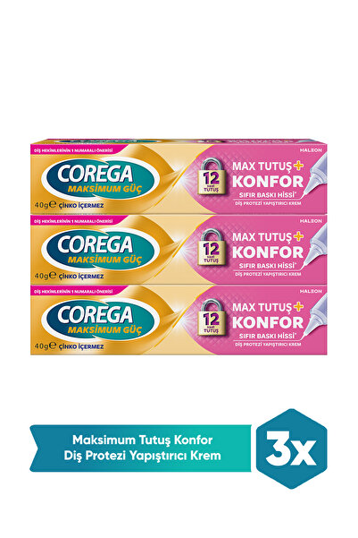 Corega Maksimum Tutuş & Konfor Diş Protezi Yapıştırıcı Krem 40g x 3 Adet