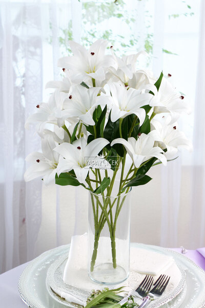 Yapay Çiçek Deposu Yapay Çiçek 9lu Islak Lilyum Demeti 55 cm Beyaz