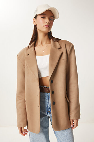 Happiness İstanbul Kadın Bisküvi Premium Süet Blazer Ceket FN03443