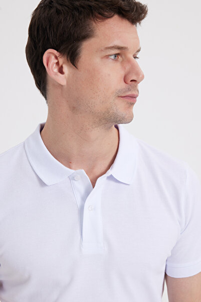 Tudors Erkek Slim Fit Dar Kesim %100 Pamuk Düz Pike Beyaz Polo Yaka Tişört