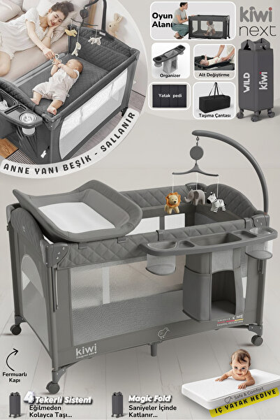 Kiwi Wild 3in1 Anne Yanı Park Yatak Katlanır Beşik, Tekerlekli, Yan Açılır, M...