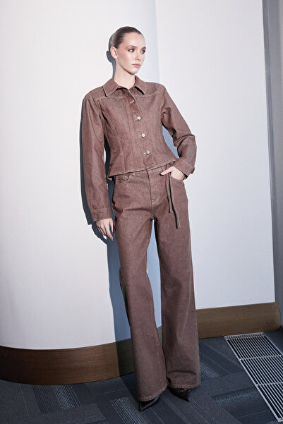 Trendyol Collection Limited Edition Brown Trucker Fitted 100% Cotton Denim Ja...