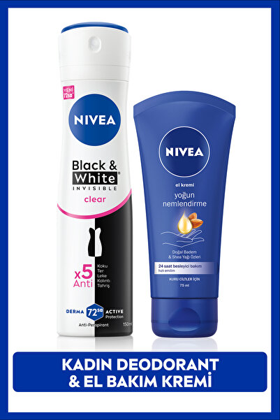NIVEA Kadın Sprey Deodorant Black&White Invisible Clear150ml ve Yoğun Besleyi...