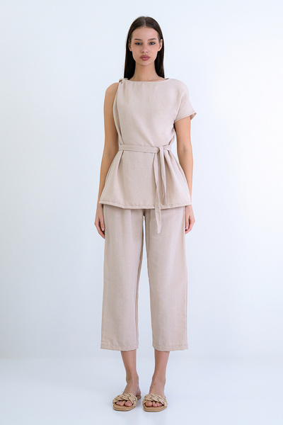 Trend Alaçatı Stili Women's Beige One-Shoulder Twisted Self-Belted Linen Slee...