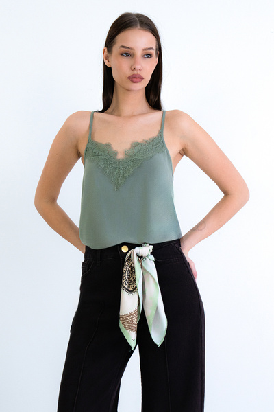 Trend Alaçatı Stili Women's Green Rope Strap Woven Blouse with Lace Detail on...