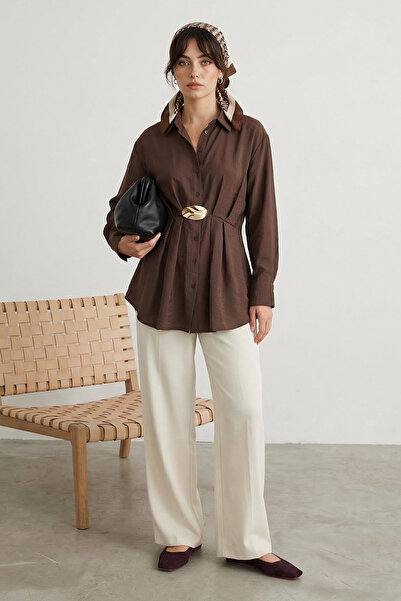 Trendyol Modest Braunes, normales Lilyum-Hijab-Hemd mit flacher Webung und Sc...