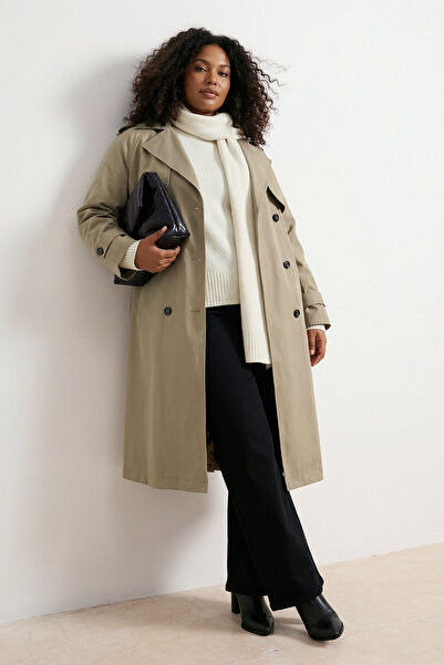 Trendyol Curve Light Khaki Long Oversize Plus Size Trench Coat Tbbss25Bm00002