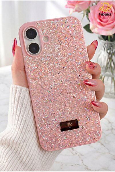 Fibaks غطاء سيليكون لآيفون 16 بتصميم مخملي مرصع بالألماس وحجر وردي لامع