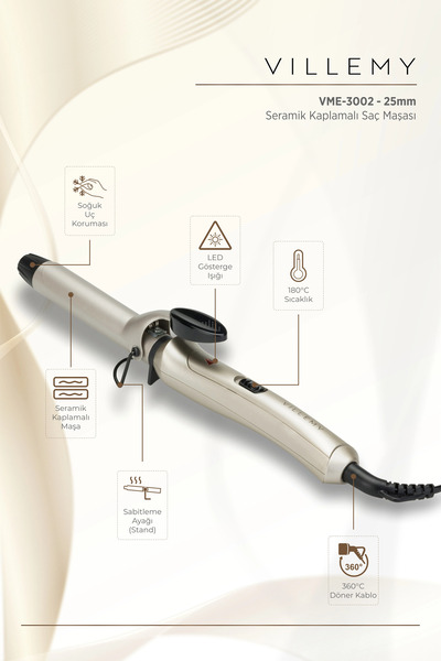 VILLEMY 25 mm Ceramic Coated Professional Hair Curling Iron – Natural and Def...