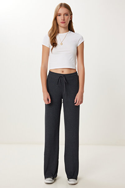 Happiness İstanbul Anthrazitfarbene, weit geschnittene, gerippte Strickhose f...