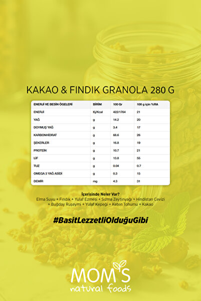 Mom's Natural Foods 3'LÜ KAKAO-FINDIK GRANOLA 280 G