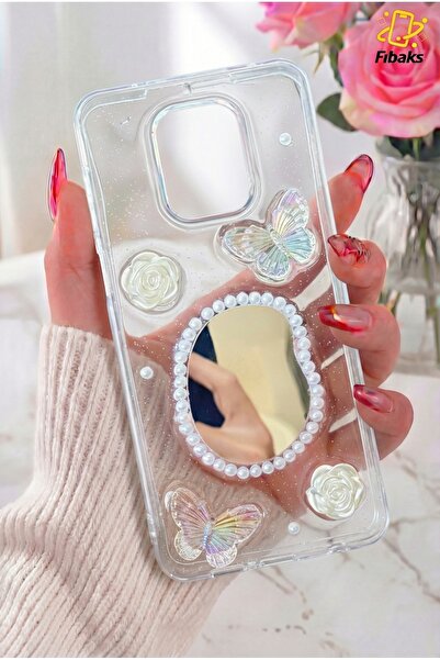 Fibaks Redmi Note 9 Pro/9S Kılıf 3D Kelebek Gül Desenli Aynalı Simli Şeffaf T...