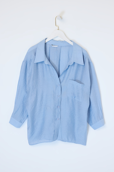 Drop by TrendyolMilla Blue Low Shoulder Thin Fabric Oversize Modal Shirt Tdrs...