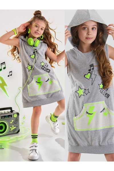 MSHB&G We Rock Gray Melange - فستان بناتي بدون أكمام وغطاء للرأس وجيوب