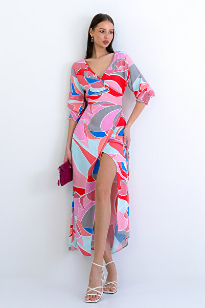 Trend Alaçatı Stili فستان نسائي وردي اللون بياقة مزدوجة الصدر ونمط ريترو وأكم...