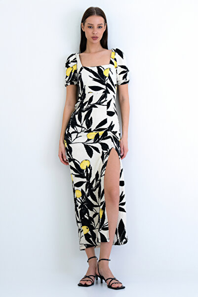 Trend Alaçatı Stili Women's Black-Beige Square Neck Backless Slit Wrap Maxi D...