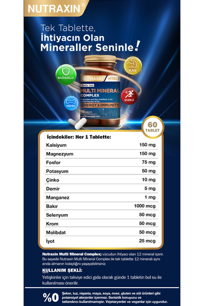 Nutraxin Multimineral Complex 60 Tablet Magnezyum, Kalsiyum, Çinko, Demir, İyot, Krom